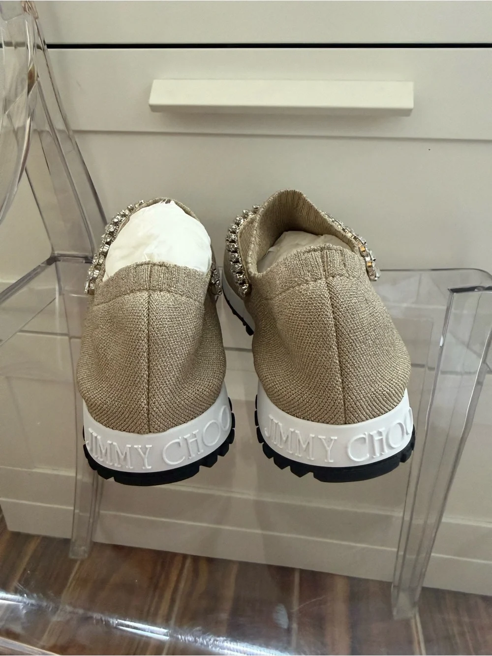 Jimmy Choo Beige Metallic Crystal-Embellished Knit Slip-On Sneakers